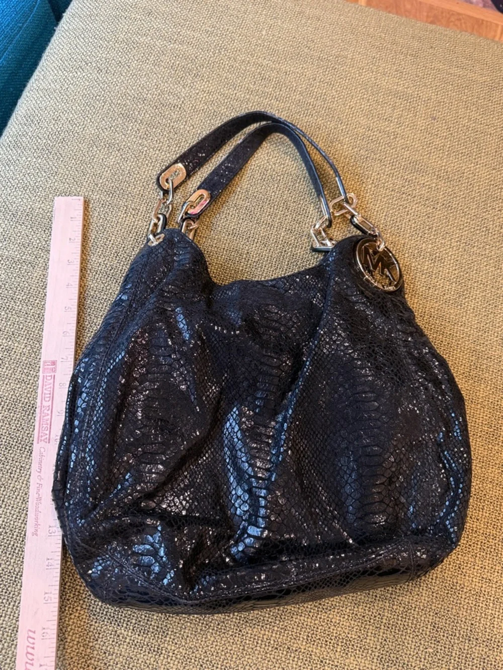 *Michael Kors Black Glossy Shimmery Snakeskin-Texture Shoulder Bag - Picture 4 of 11